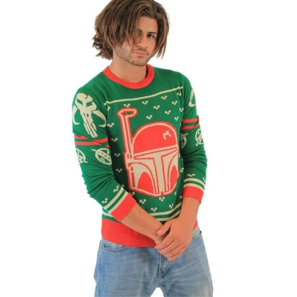 STAR WARS Boba Fett Green Red Winter Sweater Mando Mandalorian - Picture 1 of 6